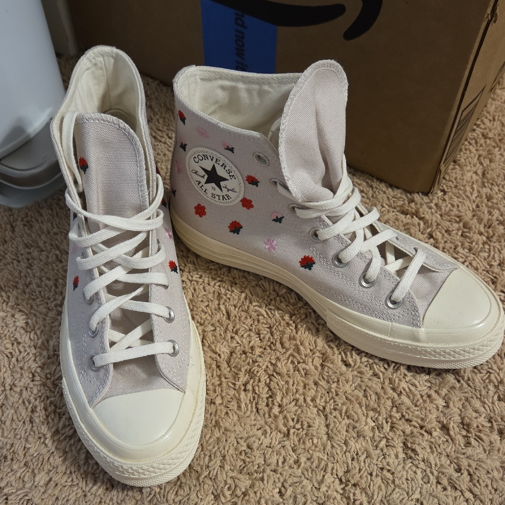 Converse High Top Sneakers in Light Gray with Red & Pink Floral Embroidery